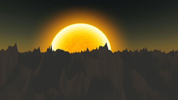 Foto um pôr-do-sol sobre uma montanha com um sol no meio