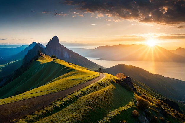 Um pôr do sol sobre uma montanha com uma montanha ao fundo