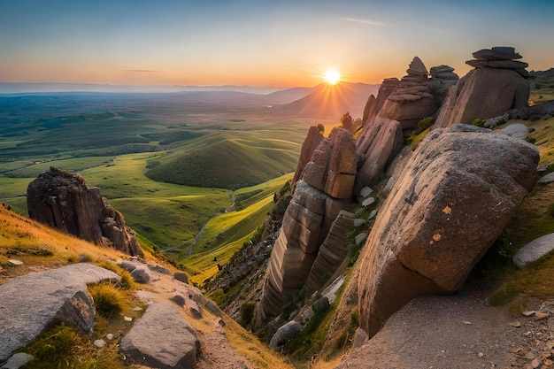 Um pôr do sol sobre uma paisagem com vista para o vale abaixo.