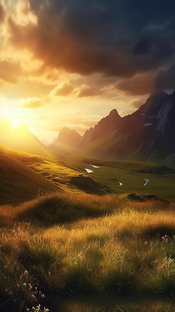 Um pôr do sol sobre uma paisagem montanhosa com um rio correndo por ela.