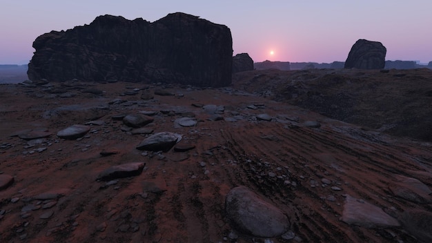 Um pôr do sol sobre uma paisagem rochosa com uma grande rocha em primeiro plano.