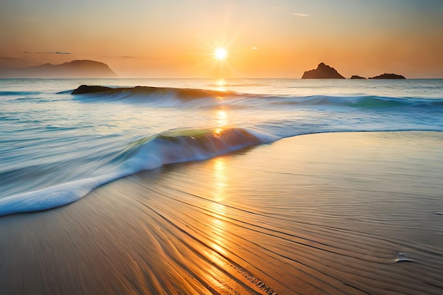 Um pôr do sol sobre uma praia com ondas batendo na areia