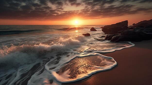 Um pôr do sol sobre uma praia com ondas quebrando na costa