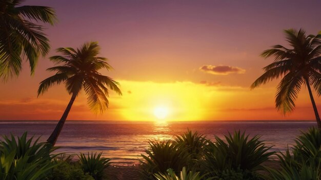 um pôr-do-sol sobre uma praia com palmeiras e o pôr- do- sol