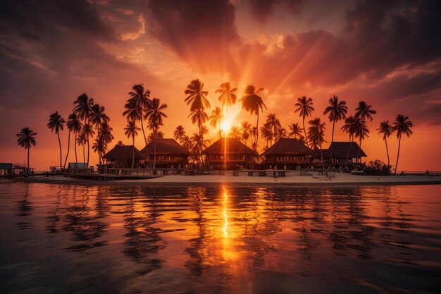 um pôr do sol sobre uma praia com palmeiras