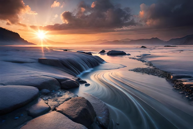 Um pôr do sol sobre uma praia com pedras e água fluindo pela praia.