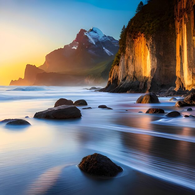 Um pôr do sol sobre uma praia com pedras e uma montanha ao fundo