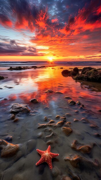 um pôr-do-sol sobre uma praia com rochas e água