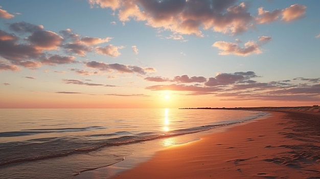 um pôr do sol sobre uma praia com um pôr-do-sol no fundo