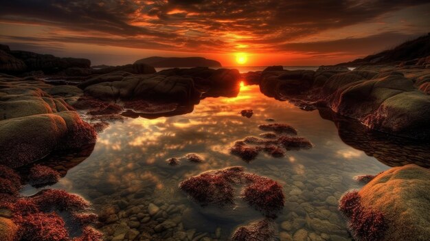 Um pôr do sol sobre uma praia rochosa com pedras e o sol refletindo na água.