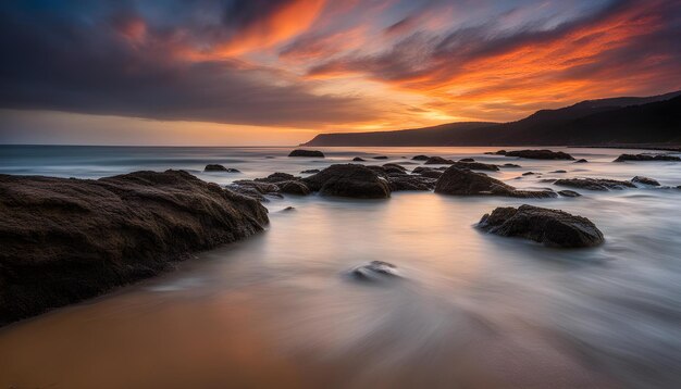 Foto um pôr-do-sol sobre uma praia rochosa com uma rocha na água e um céu ao pôr- do-sol