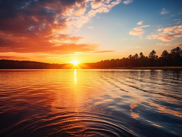 Foto um pôr-do-sol tranquilo sobre um lago calmo