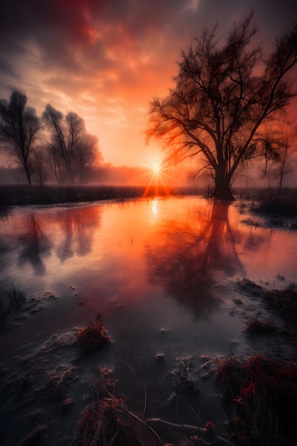 Um pôr do sol vermelho sobre um rio com uma árvore em primeiro plano