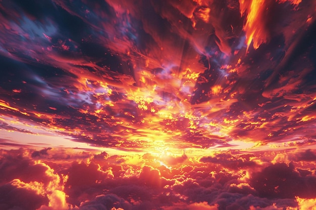 Um pôr-do-sol vibrante pintando o céu com tons de fogo