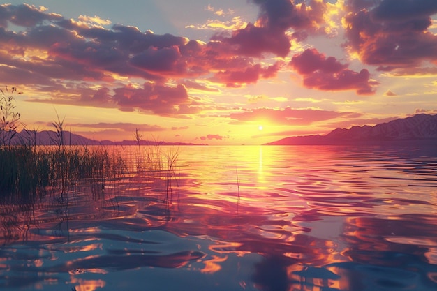 Um pôr-do-sol vibrante sobre um lago