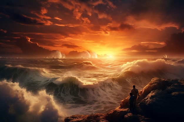Um pôr-do-sol vibrante sobre um mar tempestuoso com pessoas Generative ai
