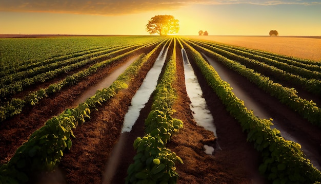 Um pôr do sol vibrante sobre uma IA geradora de terras agrícolas cultivadas