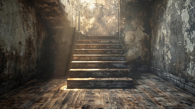 Foto um porão subterrâneo mal iluminado com escadas e portas em decomposição.
