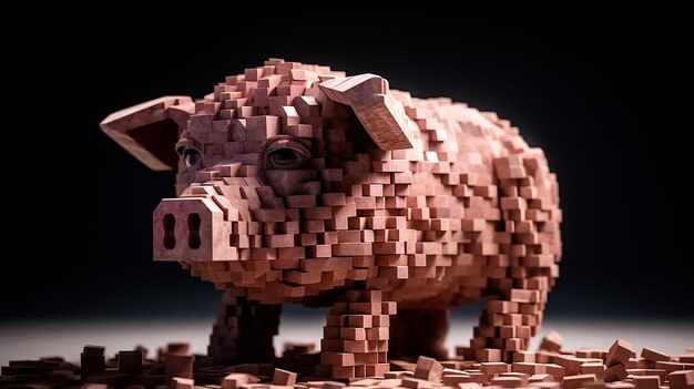 Foto um porco 3d feito de tijolos pixelizados