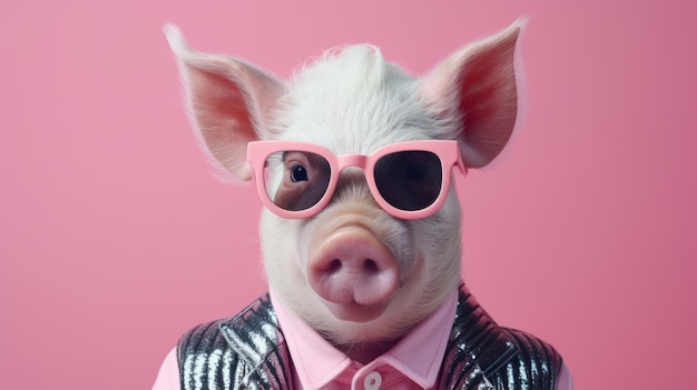 Um porco à moda com um penteado surreal e uma roupa punk.