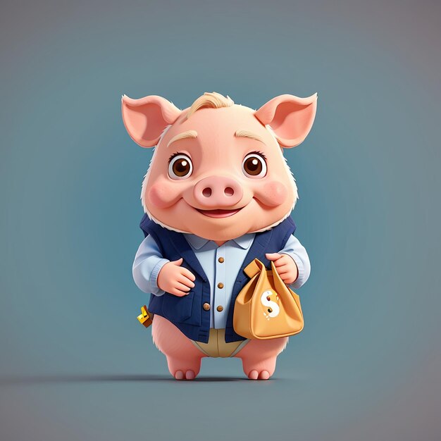 Um porco bonito segurando um saco de dinheiro, uma ilustração de ícone vetorial de desenho animado, um conceito de ícone de finanças animais isolado.