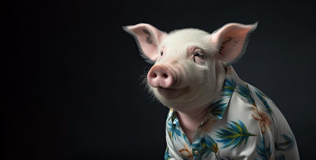 Um porco branco posando em uma camisa havaiana no estilo de retrato conceitual com um fundo escuro Generative AI