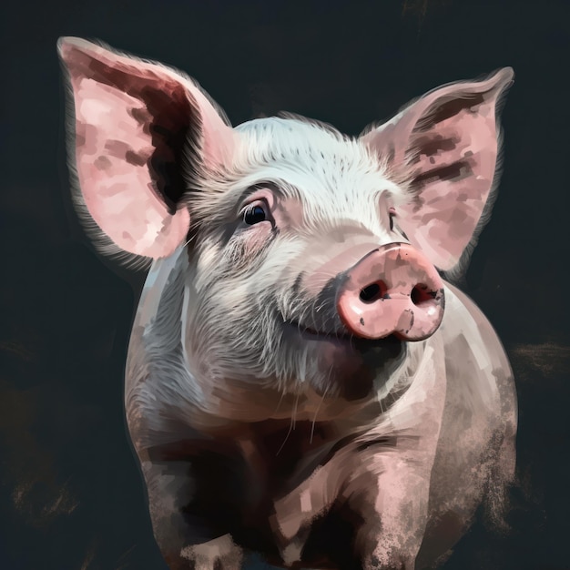 Um porco com nariz rosa está parado na frente de um fundo escuro.