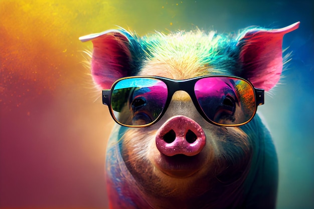 Um porco com óculos coloridos do arco-íris