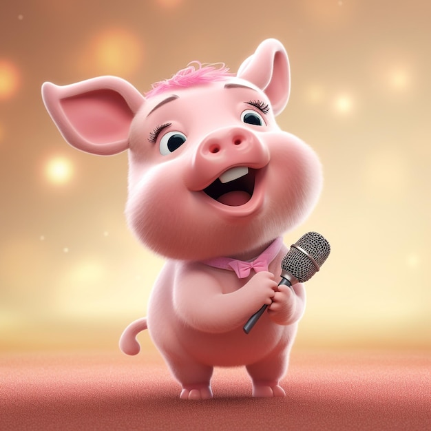 um porco com um microfone em sua boca está segurando um micrófono