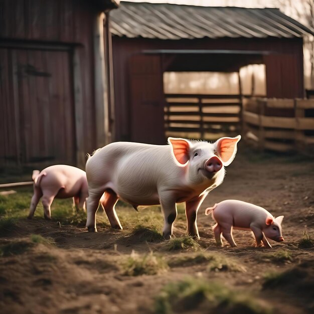um porco com um porco nas costas está de pé na frente de um celeiro