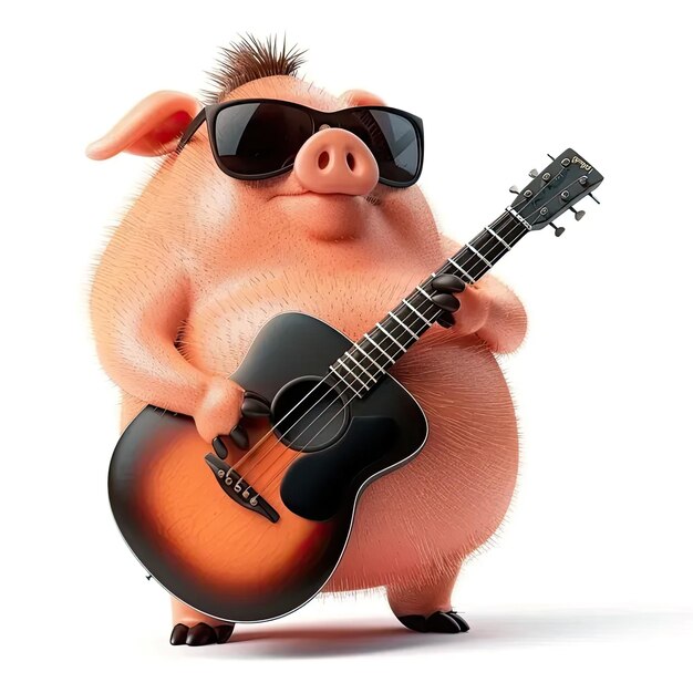 Foto um porco de desenho animado com óculos de sol e uma guitarra