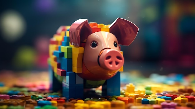 Um porco de lego feito de blocos de lego está sentado em uma mesa colorida