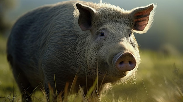 Um porco em um campo com a palavra porco na frente