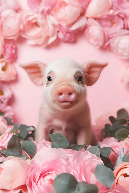 Foto um porco em um canteiro de flores