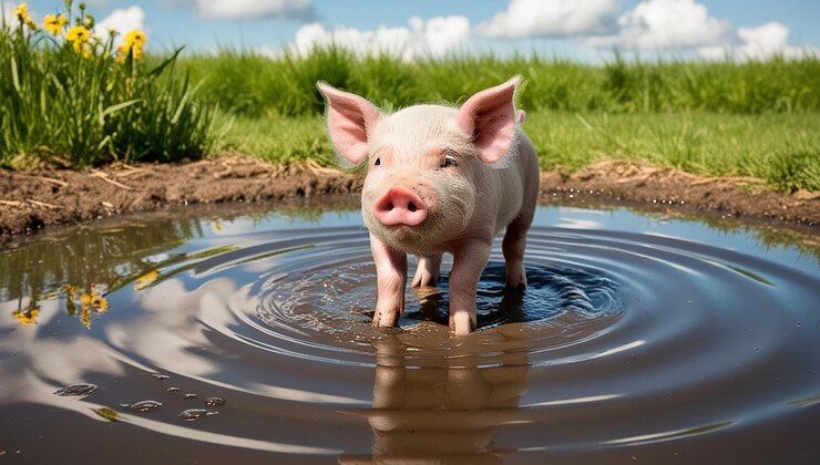 Foto um porco em uma lagoa com água e céu ao fundo