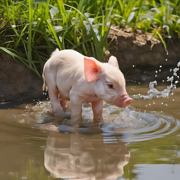 Foto um porco em uma lagoa com água salpicando em torno dele