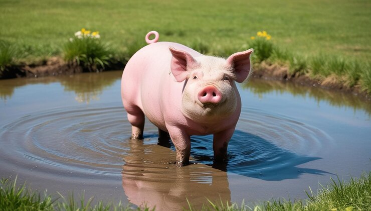 Foto um porco em uma lagoa com um círculo rosa no nariz