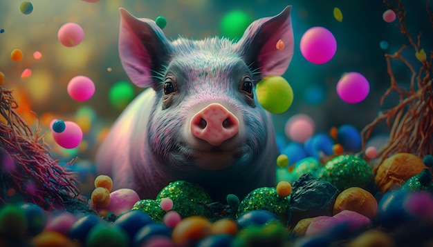 Um porco em uma pilha de bolas de doces