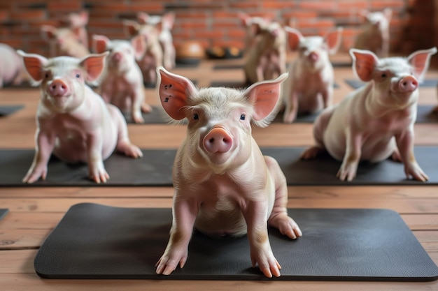 Foto um porco está sentado em um tapete e parece estar meditando um porco engraçado fazendo poses de yoga asana