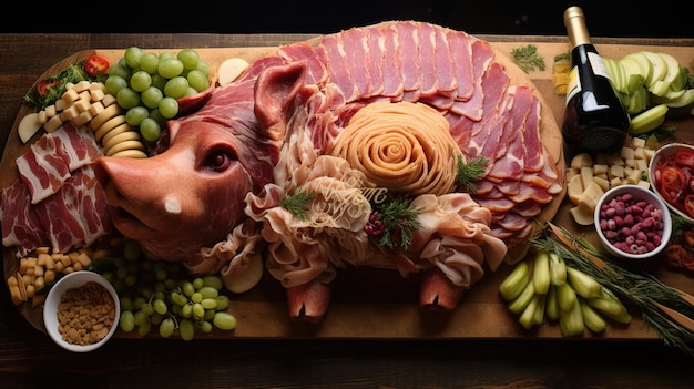 Foto um porco feito de carne e vegetais é mostrado em uma tábua de madeira.