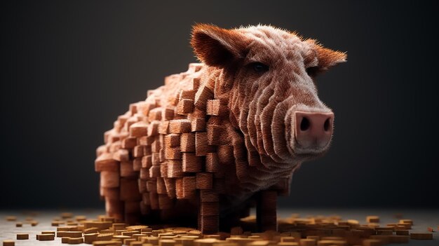 Foto um porco feito de quadrados é mostrado nesta renderização em 3d.