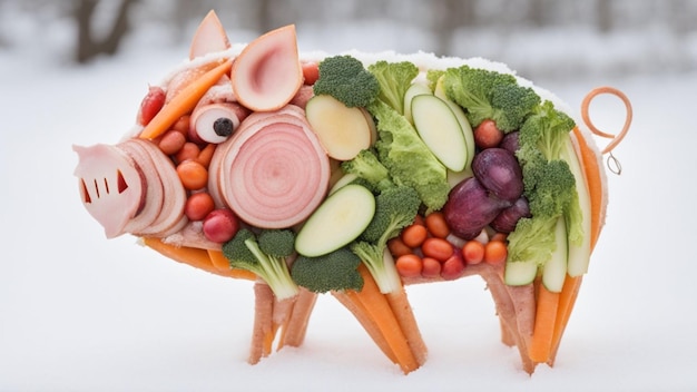 um porco feito de vegetais conceito de veganismo estilo arcimboldo vegatble em forma de carne de porco