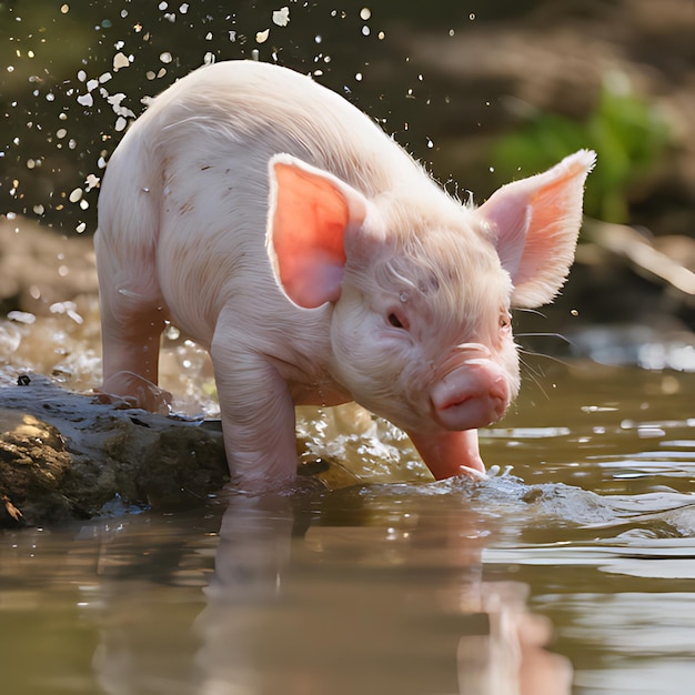 um porco na água está bebendo de um tronco