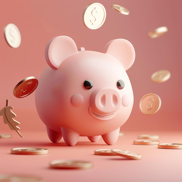 um porco rosa com moedas de ouro e uma folha no meio dele