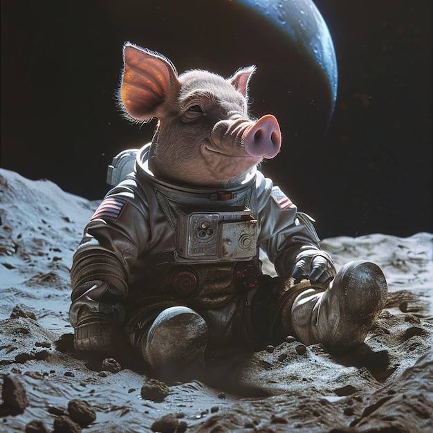 um porco vestindo um fato espacial senta-se na lua