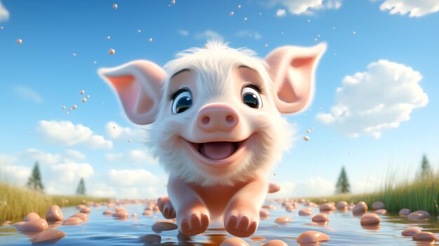Um porquinho de desenho animado em uma linda cena de fazenda