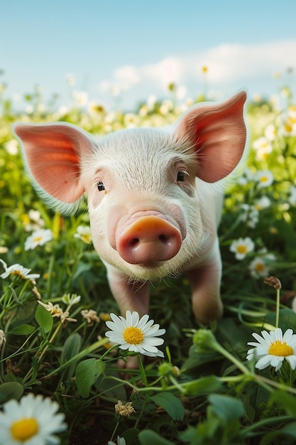 Um porquinho num campo de margaridas.