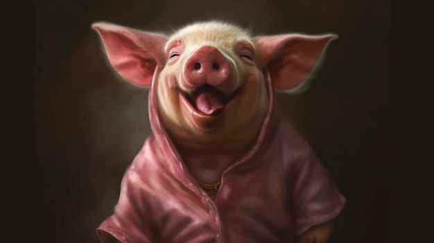 Foto um porquinho vestindo uma fantasia engraçada e fazendo uma pose que convida ao riso e à alegria com sua