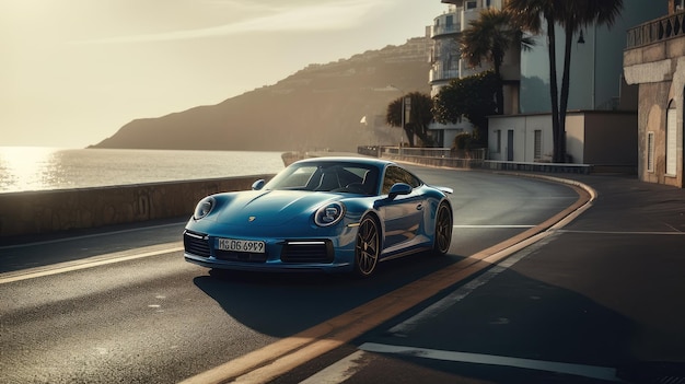 Um Porsche 911 azul com uma placa que diz Porsche 991 na frente.