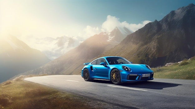 Um Porsche 911 azul está dirigindo em uma estrada de montanha.